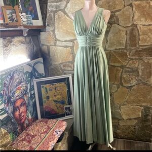 Sage Green Maxi Dress Ruched Waist Plunge Neck Open Back Formal Romantic Dress